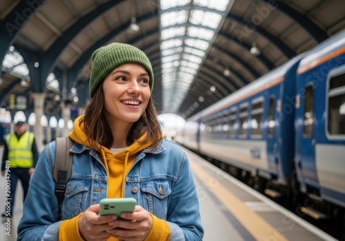 Young woman with a beanie holding a smartphone at a train station