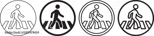 Set of pedestrian crossing road sign icons in various styles including minimal thin line outline bold solid silhouette geometric rounded and bold line art designs for traffic safety Vector