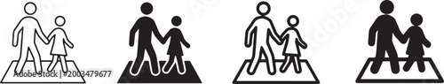 Set of speed limit twenty zone road traffic signs and pedestrian crossing warning icons with various graphic styles like minimal line, bold solid silhouette, and geometric stroke design Vector