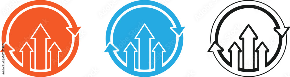 Fototapeta premium Growth and circular economy icons orange blue and black silhouette versions