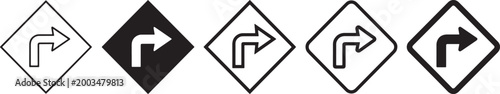 Set of five different road signs with right turn arrow icons in various graphic styles including thin line, bold solid silhouette, geometric outline, rounded, and thick stroke design Vector