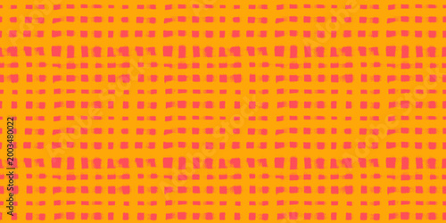 Hand drawn yellow geometric plaid seamless pattern on red. Uneven lines brush stroke style traditional square gingham background. Checkered wallpaper print, checkered mosaic grid tartan texture bundle