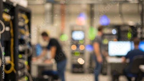 Blurred Data Center Server Room Blue Green Bokeh Technology Background IT Infrastructure Network Template	
