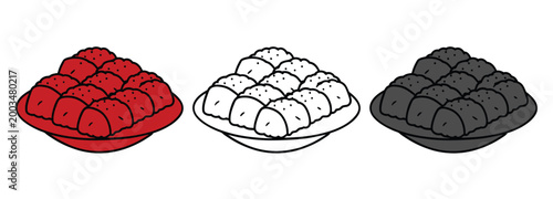 Colorful illustration of sushi on three plates in red, black, and white