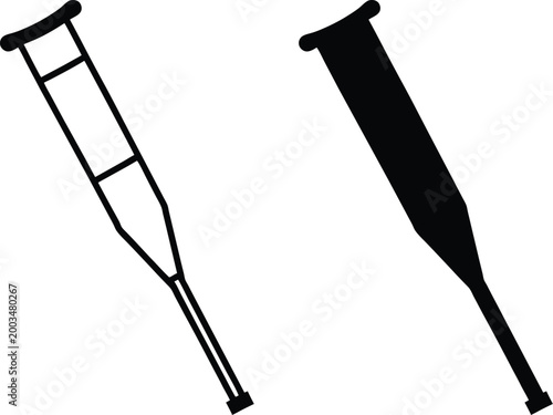 Black crutch and leg cast icons for medical concepts