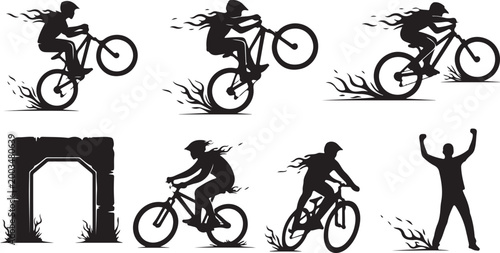 Black and white of cyclists and a person on a unicycle bicycle sports de