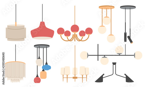 Interior lighting fixtures set: aesthetic hanging lamps in Scandinavian, loft, and contemporary styles for home decor.