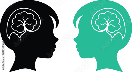 Vector illustration of two human heads with brain outlines in black and green