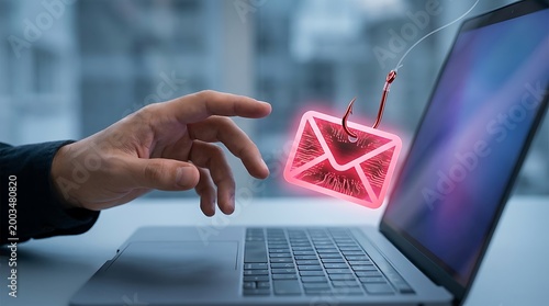 Phishing, email scam, laptop, hand, cybercrime concept