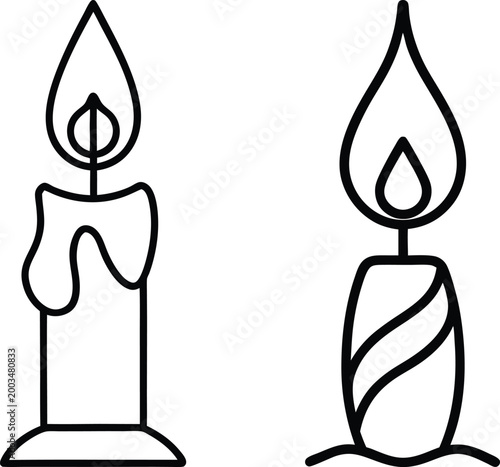 Vector line art illustration of two candle icons with flames melting wax