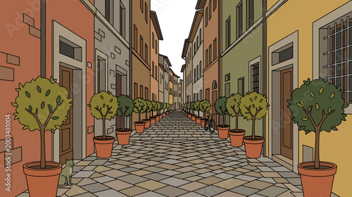 Narrow european street with potted trees along colorful buildings perspective view travel and architecture concept