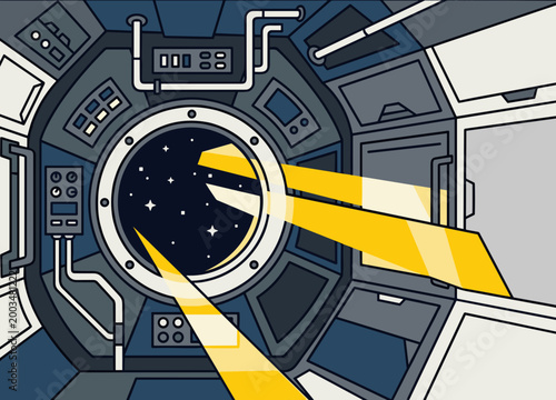 Sunlight beams through spacecraft porthole illuminating interior futuristic space travel technology concept