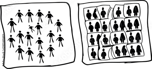 Hand drawn doodle illustration of people standing in a group versus people organized in neat boxes or individual frames