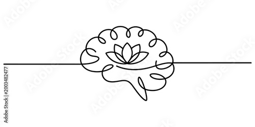Continuous single line drawing of a human brain with a lotus flower inside representing mindfulness and mental health peace Vector, illustration