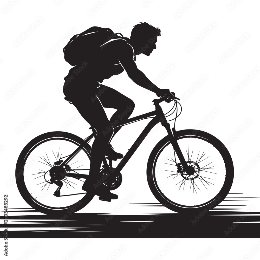 Obraz premium Cyclist Silhouette Riding Mountain Bike with Backpack – Outdoor Adventure and Fitness Concept Vector