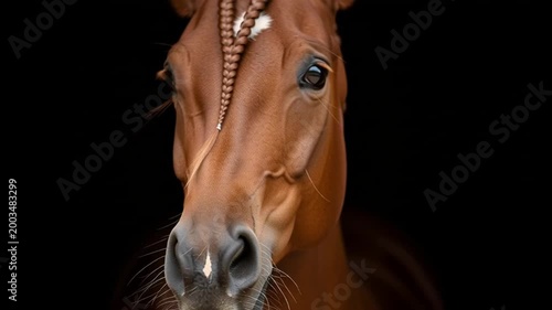 Detailed close-up portrait of a beautiful chestnut horse with a flowing mane and expressive eye on a natural farm background
