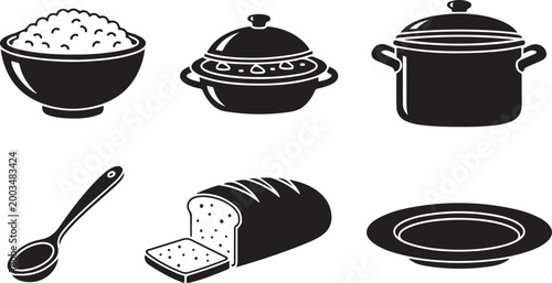 Black and white of various kitchen pots, pans, and utensils saucepan des
