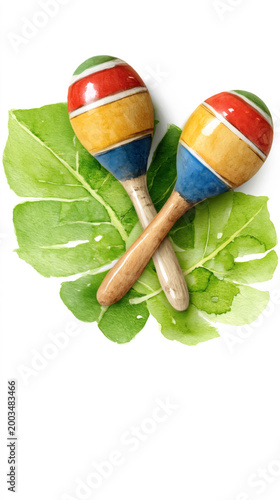 Colorful maracas on green leaves background