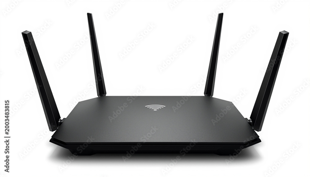 Fototapeta premium Black Wireless Wi‑Fi Router with Four Antennas — Modern Network Device Representing Internet Connectivity and Digital Communication