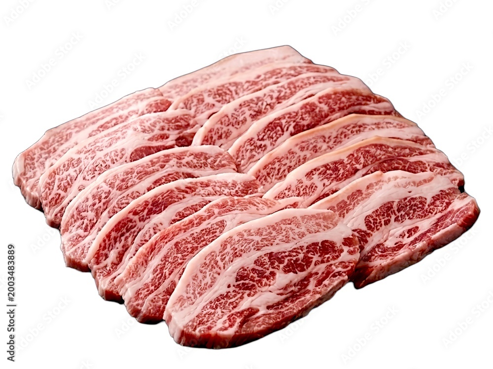 Obraz premium Korean BBQ set with raw pork belly, wagyu beef, and variety of side dishes. For food service, culinary travel, and Asian cuisine