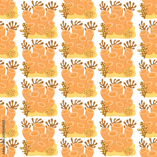 Sea seamless pattern with corals. Cartoon composition of various corals on white background. Underwater wildlife design for printing on fabric and paper. Vector endless wallpaper, textile, package.