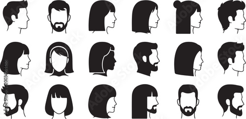 Black and white silhouettes of various hairstyles and haircuts, isolated on white background