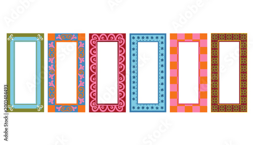 Collection of six vibrant decorative frames with unique patterns and bold colors, vertical rectangular borders.