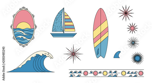 Summer vacation icons with surfboard sailboat ocean waves and sun elements in retro line art style for beach design.