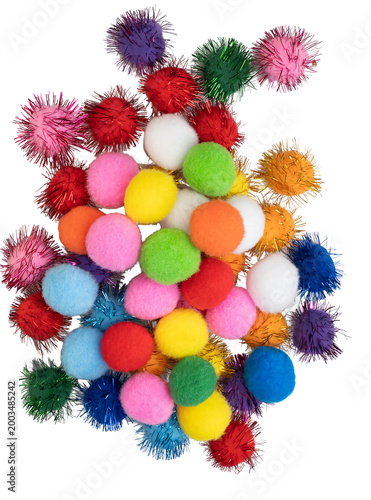 Multi-colored pom poms and sparkly tinsel craft balls, loosely piled together on a plain white background, as seen in image_3.png. The cluster includes soft, fuzzy pom poms in pink, yellow, orange,..