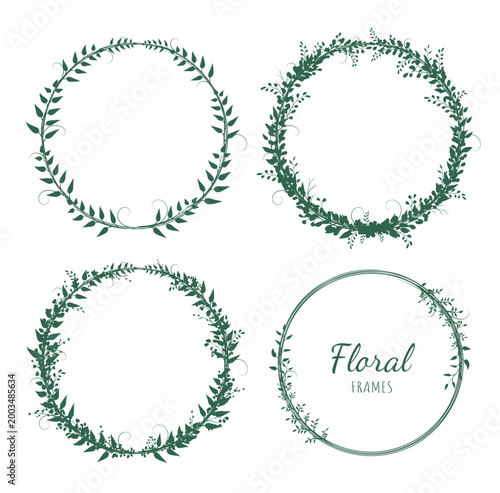 Set of graceful silhouettes of round flower wreaths on a white background. Green frames made of summer flowers and twigs. Wreaths for invitations or various designs. Vector EPS 10.