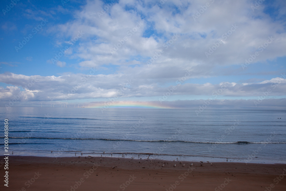 Naklejka premium horizontal arc rainbow, an optical phenomenon formed by refraction of sunlight in ice crystals suspended in atmosphere, on horizon of North Sea at Aberdeen beach with gulls and offshore wind turbines 