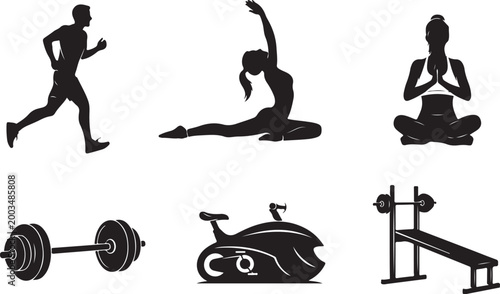 Black silhouette of people cooking, cleaning, and using appliances kitchen desi