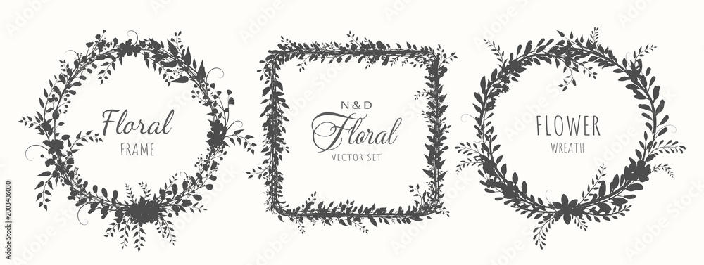 Fototapeta premium Set of elegant silhouettes of flower frames and wreaths on a light beige background. Frames made of summer flowers and twigs. Wreaths for invitations or various designs. Vector EPS 10.