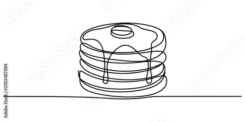 Photos Continuous single line drawing of a delicious stack of pancakes with syrup drizz