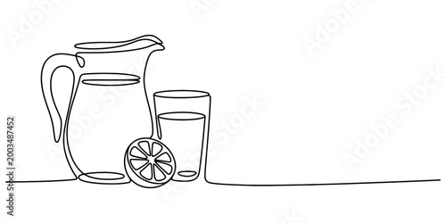 Continuous single line drawing of a glass pitcher and a drinking glass filled with fresh lemonade and a slice of sour lemon fruit Vector, illustration