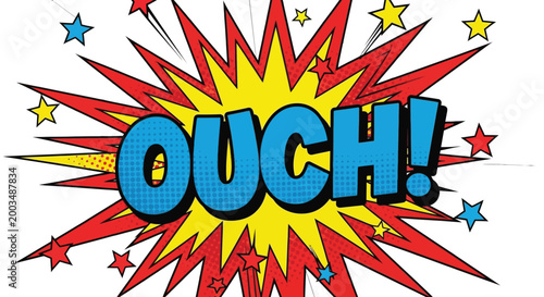 Bright blue ouch text effect sitting inside a yellow and red comic book explosion bubble