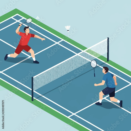 Two men playing badminton on a court during a match.