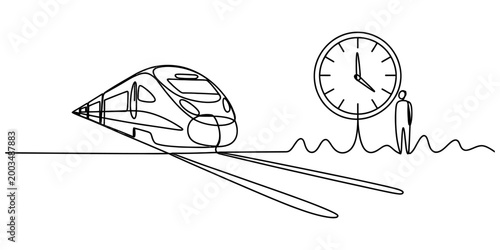 Continuous line drawing of a fast train moving towards a person waiting by a large clock representing travel time and schedule Vector, illustration