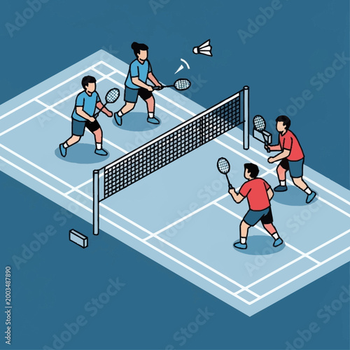 Four people playing badminton on a court with a net.
