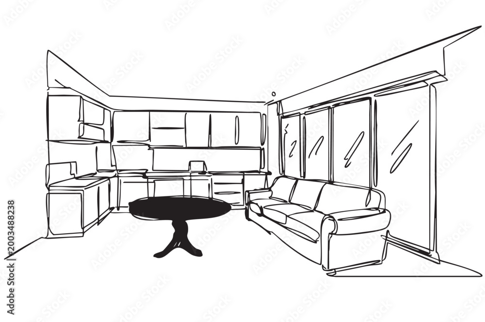 Fototapeta premium Doodles Interior kitchen living room with kitchen 3d illustration, sketch