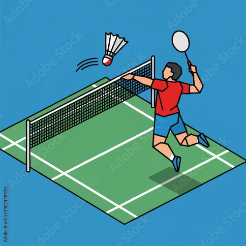 Badminton Player Jumps to Hit Shuttlecock Over Net.