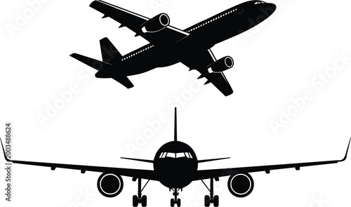 Airplane silhouettes showing flight and landing perspectives of commercial jet in minimalist aviation design