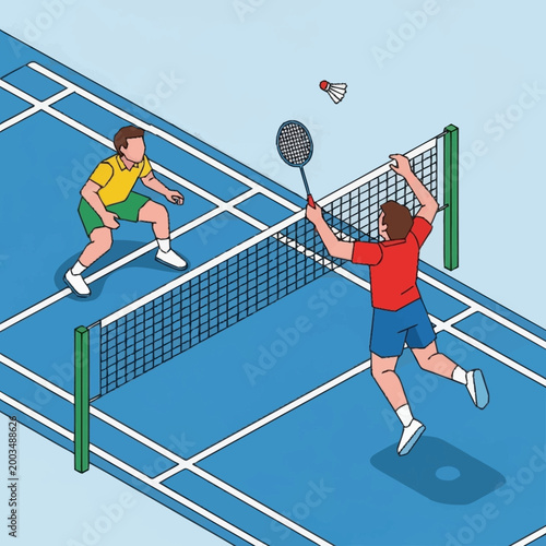 Two men playing badminton on a court during a match.