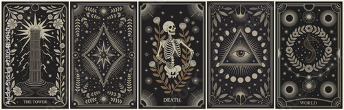 Five mystical tarot-style cards, intricate and dark. Each card bears symbolic imagery against a black background. Skeletons, triangles, and celestial patterns grace the designs