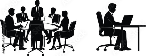 Business team meeting and individual professional working on laptop in modern office silhouette illustration