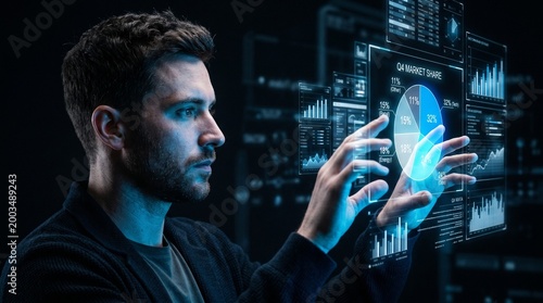 Profile view of a man interacting with futuristic digital interface and data visualization.
