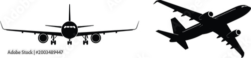 Commercial airplane silhouettes showing front and angled views of passenger jet in minimalist aviation design