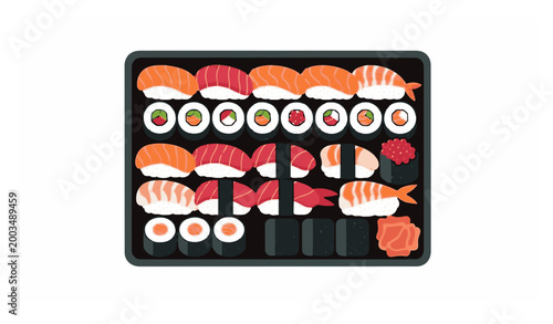 Isometric Japanese sushi dish vector illustration with assorted sushi pieces modern minimal style isolated on white