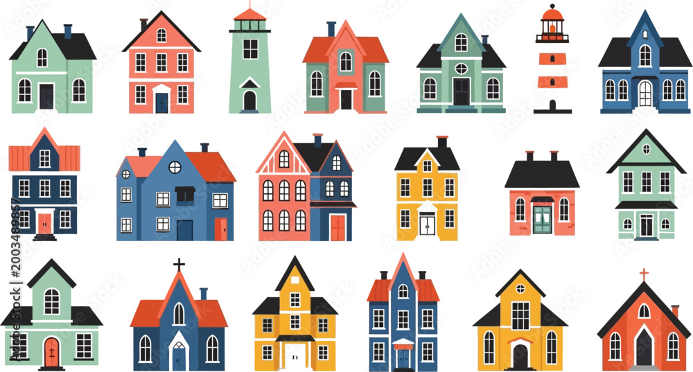 Naklejka premium Colorful cartoon houses illustration set Vector