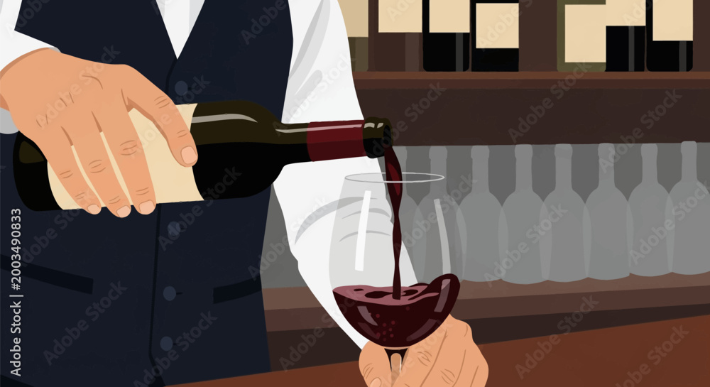Obraz premium Close-up vector illustration of a professional bartender wearing a vest and white shirt pouring red wine from a bottle into a glass at a bar with wine bottles on shelves.